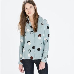 Zara Basic Big Polka-Dot Blue Button Down Blouse